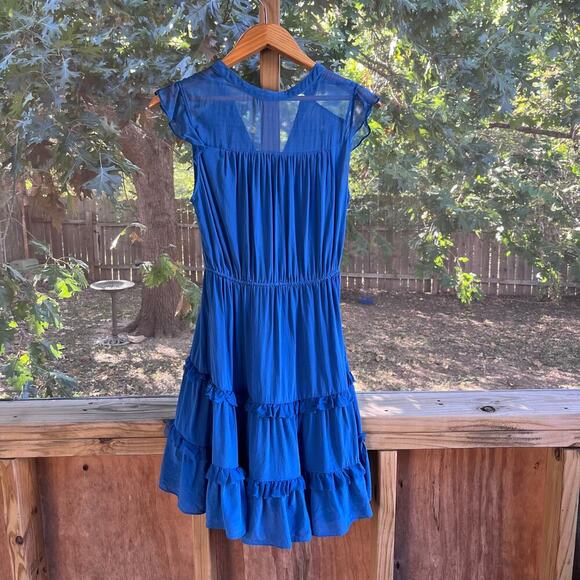 Anthropologie Lil' Women's Blue 100% Silk Ruffled Mini Dress Size 4 - Picture 2 of 8
